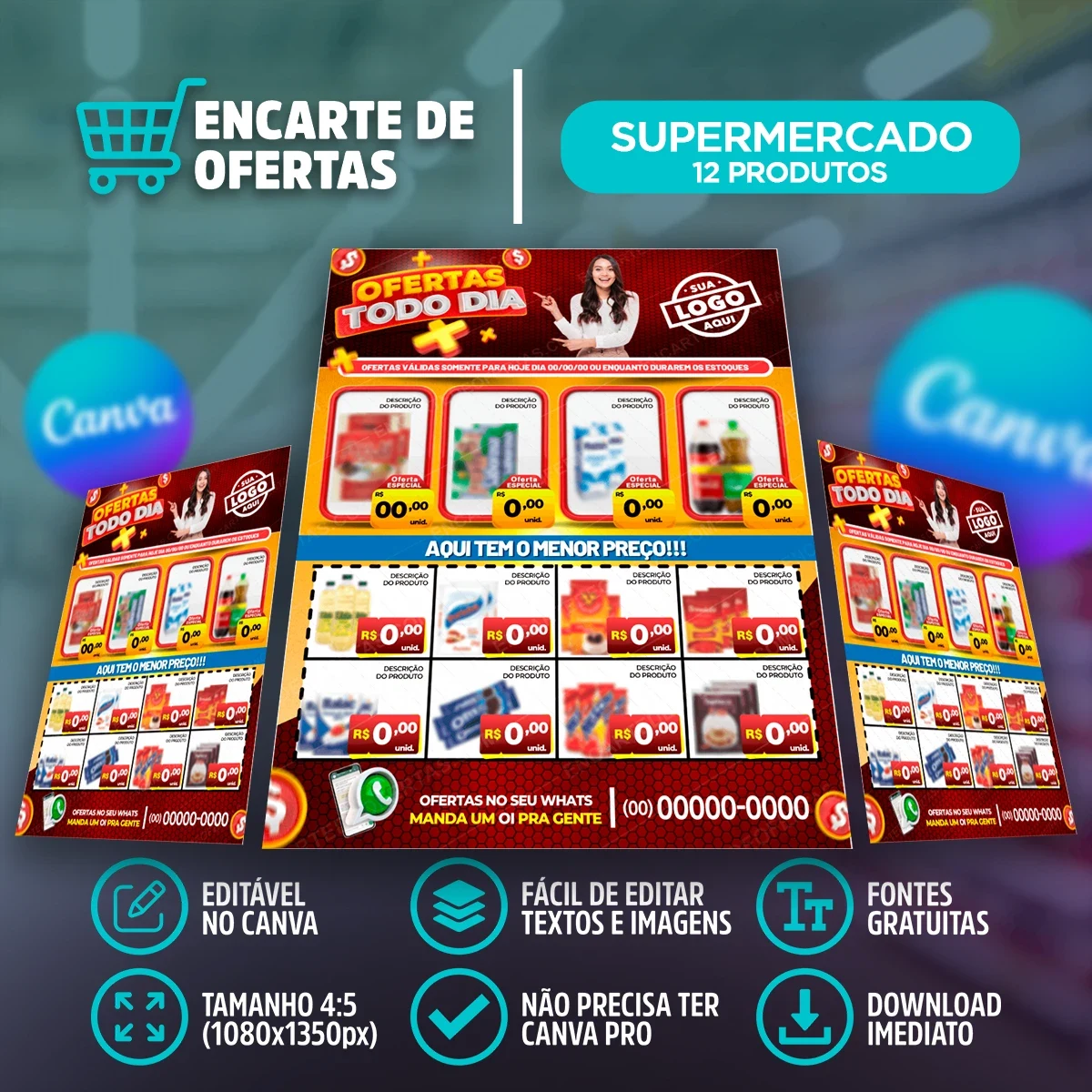 Template de Encarte Ofertas Todo Dia para Supermercado – 12 Produtos | Canva