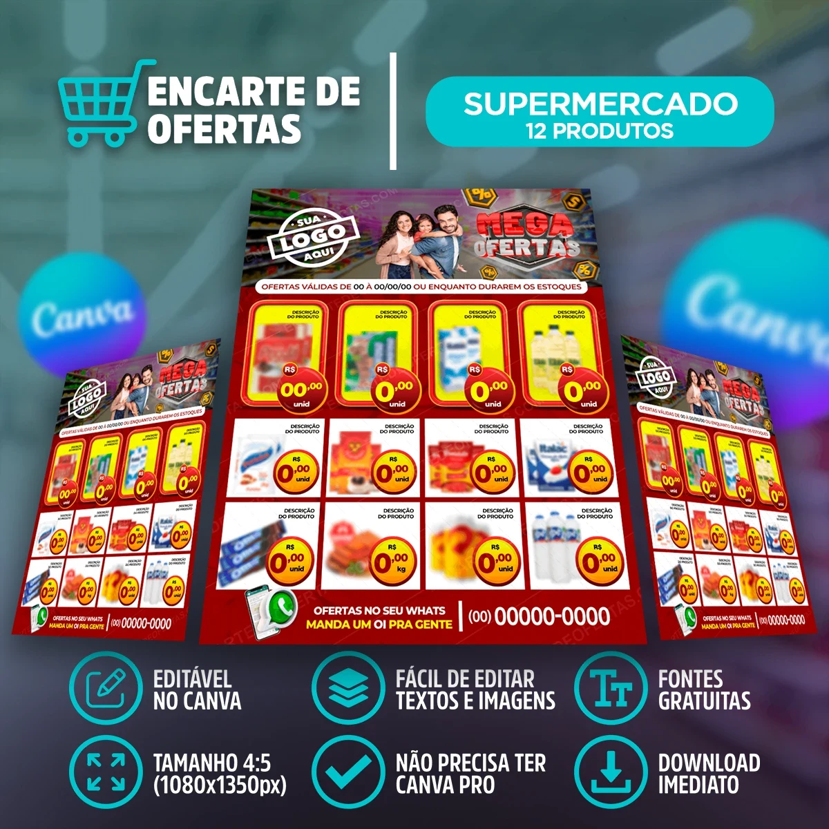 Template de Encarte Mega Ofertas para Supermercado – 12 Produtos | Canva