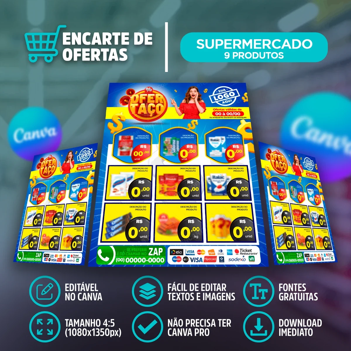 Encarte de Ofertas para Supermercado – 9 Produtos | Editável no Canva