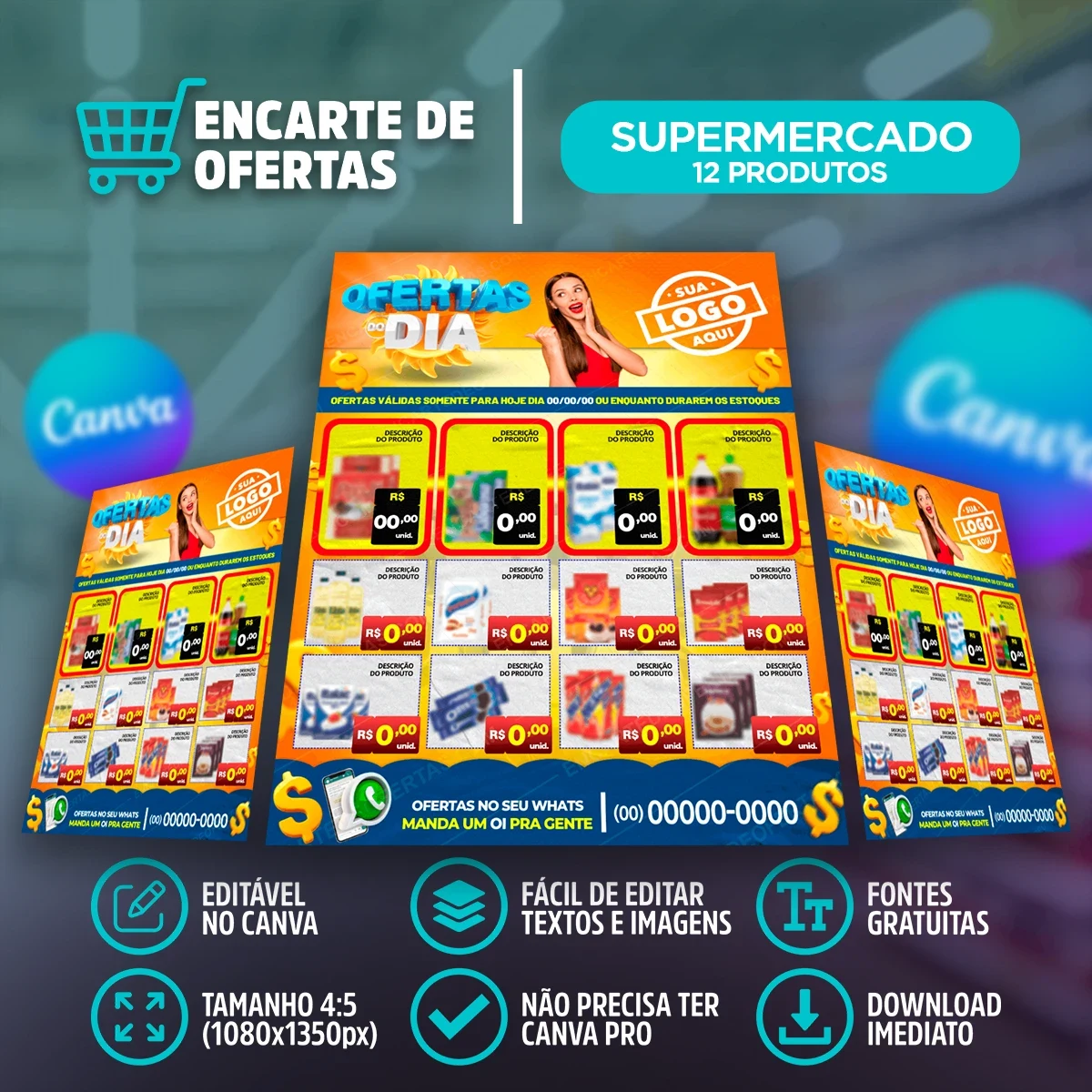 Template de Encarte Ofertas do Dia para Supermercado – 12 Produtos | Canva